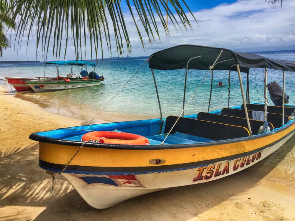 Boat at Starfish Beach on Isla Colon, Bocas del Toro, Panama