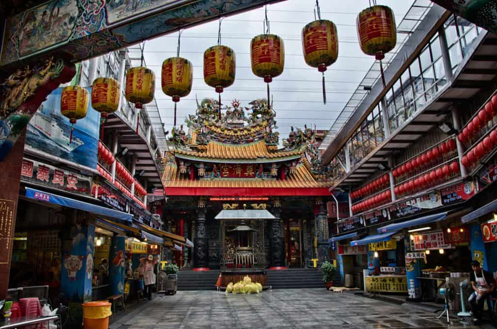 Lanterns and Temple at Miaokou Night Market in Keelung