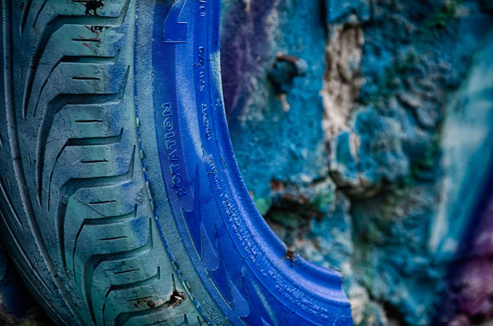 Colourful Blue Tire in Užupis, Vilnius, Lithuania
